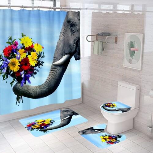 Summer Blue Elephant With Flowers Shower Curtain Set Waterproof Bath Toilet Lid Seat Cover Bath Non-Slip Mat Rug Bathroom Decor