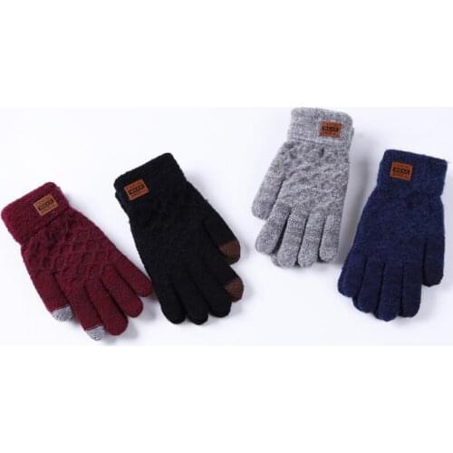 1 Pair Solid Color Winter Knitted Wool Full Finger Gloves Men Plus Velvet Thick Thermal Cold-Proof Outdoor Cycling Gloves
