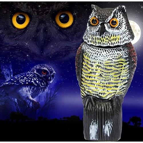 Hot High Quality Realistic Rotating Head Owl Bird Repellent Bird Pest Control Scarecrow Garden Courtyard Decoration Voice Type