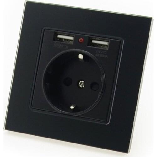 Luxury Glass Panel Wall Power USB Socket 16A EU Standard Electrical Outlet With 2100mA Dual USB Socket Charger Port for Mobile