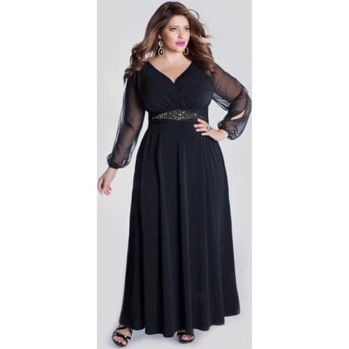 Stylish Plus Size Beaded Evening Dresses With Long Sleeves V Neck Chiffon Evening Gowns A-Line Ankle Length Black Formal Dress