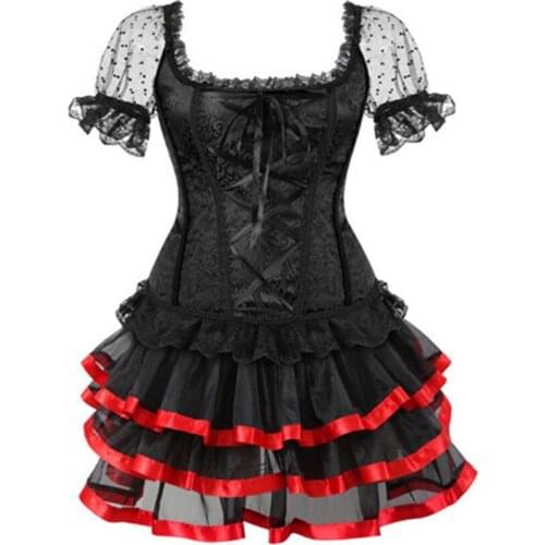 Overbust Vintage Sexy Corset With Skirt Off Shoulder Sleeve Plus Size Burlesque Costumes Floral Lace Up Bustiers & Corsets Dress