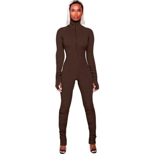 XLLAIS Winter Rib One Piece Outfit Brown Jumpsuit Women Sexy Stretchy Overalls Ladies Long Sleeve Ruched Clubwear Soft Clothes