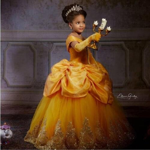 Yellow Lace Crystals 2020 Flower Girl Dresses Balll Gown Little Girl Wedding Dresses Cheap Communion Pageant Dresses Gown