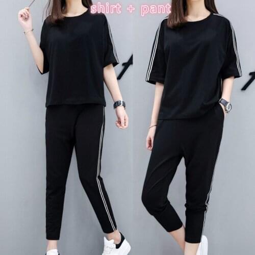 2PC/1set Women Sportswear Summer Fashion Short Sleeve Shirt + Pants Leisure Two Piece Set Long Pants