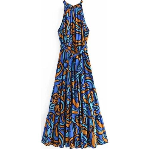 ZA 2021 Summer women Off Shoulder hanging long Dresses Elastic Waist Printed Vestidos Bow Sashes sleeveless Midi Strap Dress