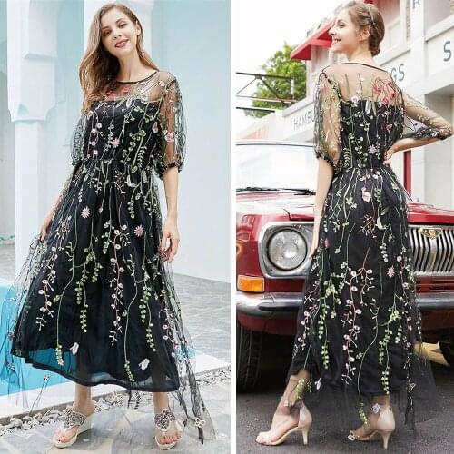 2021 Fashion Women Flower Embroidery Dress Mesh Short Sleeve Long Maxi Party Dresses Boho Elegant Holiday Gown Tulle Vestidos