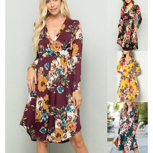 Cross border autumn and winter new womens wear 2021 V-neck slim long sleeve printed dress wholesale A-line skirt