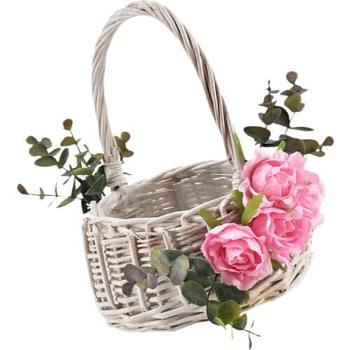 1PC Wedding Flower Basket Decor Delicate Rattan Woven Flower Basket Flower Girl Tote Flower Basket Creative Scattering Petals Ba