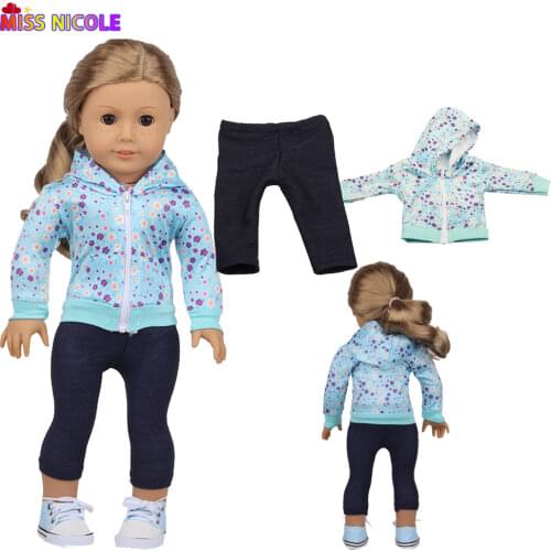 Promotio!2 Pcs/Set Personalized Suit Blue Floral Jacket Pant Doll Accessories Clothes For 18'' Doll & 43 cm New Born Baby Toys