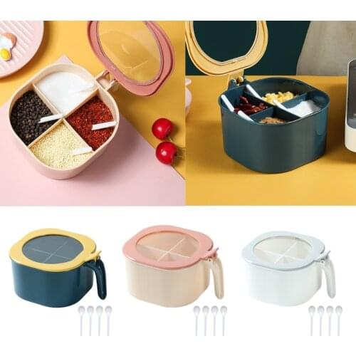 634E Spice Jar Pot 4 Compartment Condiment Box Seasoning Bottle Container with Lid