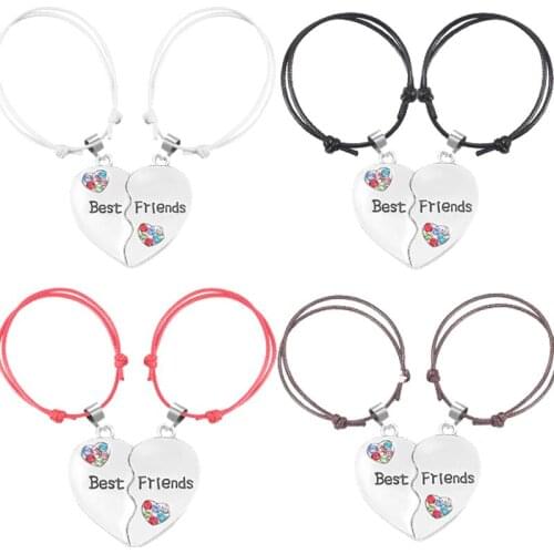 2 Piece Set Fashion Mens And Womens Bracelets Red Leather Rope Heart-Shaped Letter Pendant Best Friend BFF Friendship Jewelry