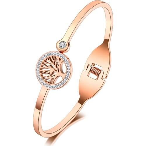 Luxury CZ Crystal Tree Charm Cuff Bangles For Women Rose Gold Rhinestone 316L Stainless Steel Plant Bracelets B20186