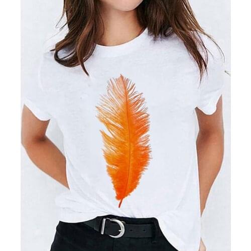 Summer Simple Fashion Women T-shirt Feather Print White Round Neck Short Sleeve Casual Female Tshirt