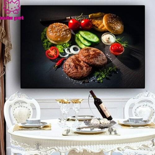 Full square diamond painting， Vegetable Meat Knife and Fork Kitchen pictures for embroidery round diamond mosaic paintings wall
