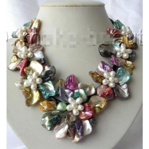 Classic white baroque pearl multicolor shell flower leather necklace