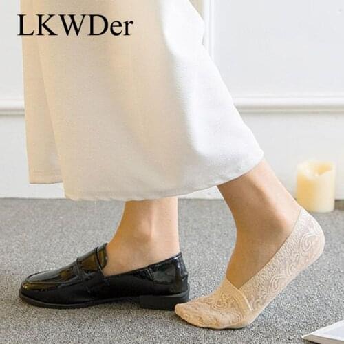 LKWDer 5 Pairs Summer New Style Japanese Style Boat Socks Women Silicone Non-Slip Bottom Lace Invisible Thin Socks Womens Socks