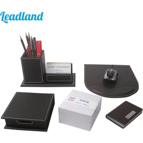 Fashion 5 Pcs Modern PU Leather Office Supplies Desk Sets Pen Holder Card Box Memo Box Note Paper Mouse Pad Desk Sets Brown T47