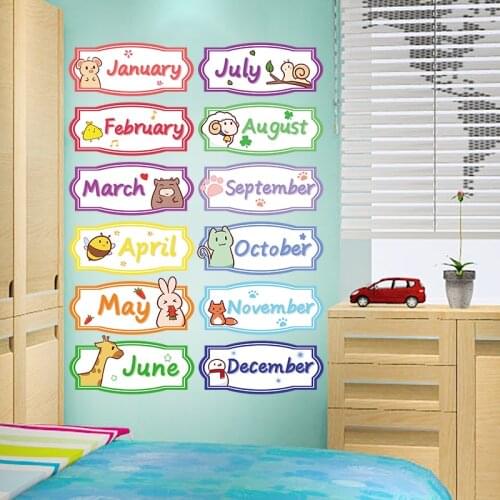 [SHIJUEHEZI] Cartoon Animals Wall Stickers DIY Twelve Months English Wall Decals for Kids Rooms Baby Bedroom Home Decoration