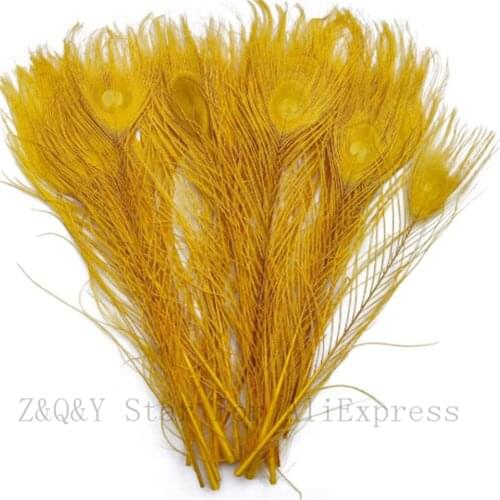 Natural 25--30CM (10-12 Inch) Peacock Feather Dyed Yellow Gold 50-100 DIY Craft Ornaments Performance Mask Accessories Feather