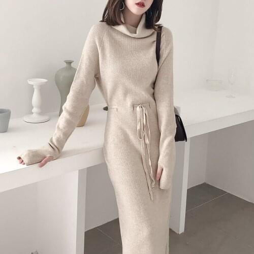New Winter Turtleneck Sweater Dress Women Lace Up Knitted Long Dress Female Knitwear Full Sleeve Soft Vestidos 2020 high quality