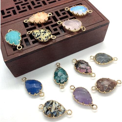 Natural Stone Drop-shaped Faceted Double Hole Connector Opal Picture Stone Pendant Handmade DIY Necklace Earrings Accessories