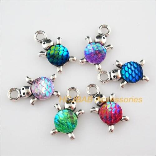 Fashion 12Pcs Tibetan Silver Scales Animal Tortoise Mixed Resin Charms Pendants 14x23mm