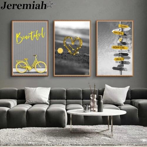 Yellow Bicycle Canvas Poster Black Gray Heart-Shaped Painting Painting Picture Print Wall Art Modern Home Room Decor Frameless