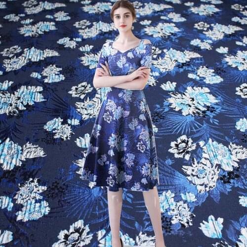 Pearlsilk Blue Flower Brocade Little Hard Fabrics Wool and Polyester Materials Autumn Evening Dress Sewing Cloth Freeshipping