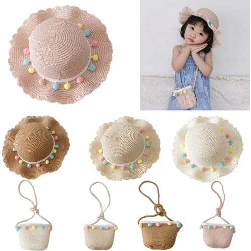 Kids Girls Brim Straw Woven Sun Protection Large Wide Beach Hat Colorful Pompom Ball Summer Floppy Bucket Cap Portable Handbag