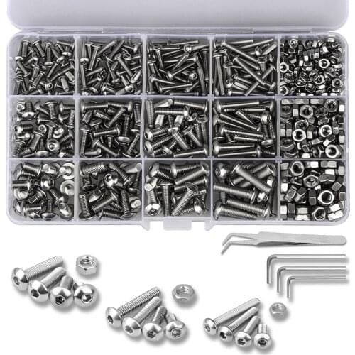 Tonsiki 600pcs Button Head Socket Cap Bolts Screws M3/M4/M5 Stainless Steel Metric Allen Socket Screw Nuts with Wrench Tweezers