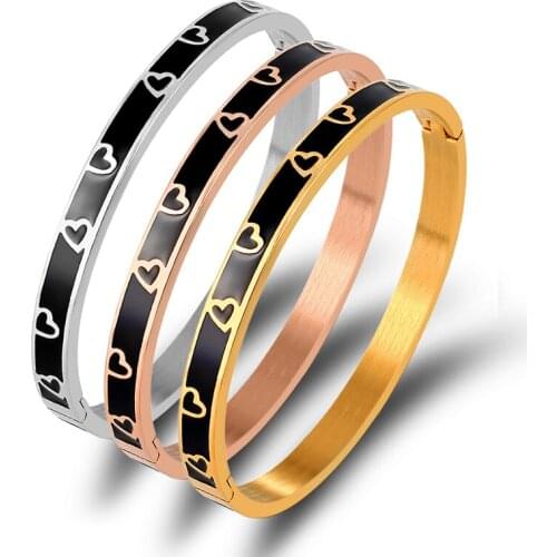 Vintage Black Enamel Bangles & Bracelets For Women Gold Silver Little Heart Bangles Stainless Steel Jewelry Bijoux Pulseiras
