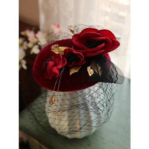 2020 French Style Women Mini Fascinator Hat Hairpins Vintage Wine Red Flower Bead Face Veil Headdress Wedding Party Headwear