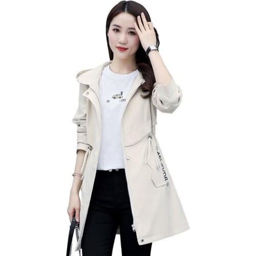2021Women Spring Autumn Korean Version With Lining Mid-Length Black Temperament Jacket Female Beige Loose Hooded WindbreakerA122