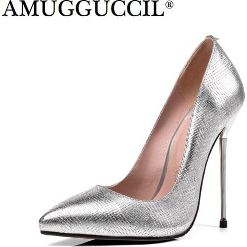 2020 New Plus Big Size 31-45 Real Leather Silver Fashion Sexy High Heel Spring Autumn Girl Female Lady Shoes Women Pumps D1178