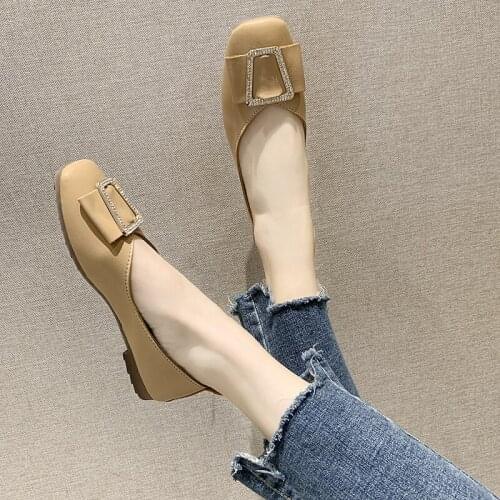 New Spring Fashion 2020 Womens Rhinestone Square Metal Buckle Flat Shoes Ladies Soft Primer Leather Shallow Mouth Shoes U19-48