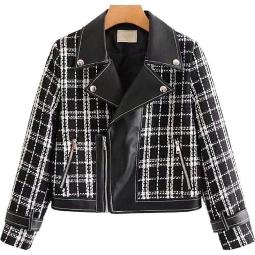 VSUE Women PU Faux Leather Black White Jacket Zipper Tweed Patchwork Notch Collar Moto C0550
