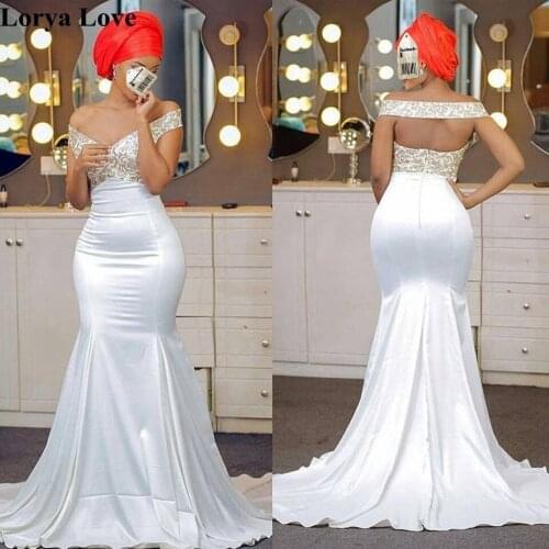 White Off The Shoulder Evening Dresses 2020 Women Party Night Satin Mermaid Robe De Soiree Elegant Vestido Maxi Long Prom Dress