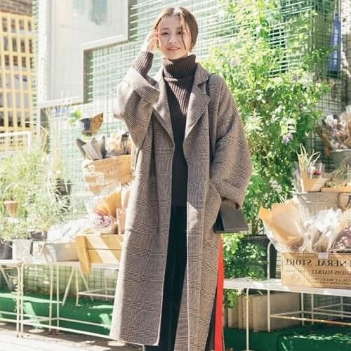 Women Wool Coat Plaid Suit Collar Long Sleeve Office Lady Coat Jackets HSJ88