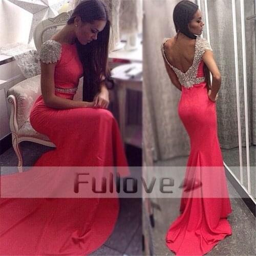 Red Beaded Backless Evening Dress Long 2019 Crystal Mermaid Formal Prom Party Dresses Gown Robe De Soiree Abendkleider Kaftan