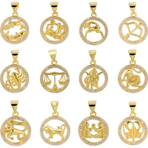 Gold Color Women Men Round Cubic Zirconia 12 Zodiac Necklace Bracelet Pendants DIY Constellation Jewelry Accessories