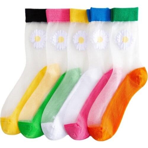 5 pairs Little chrysanthemum cotton socks spring and summer new fresh cute mid tube socks stockings day series crystal socks