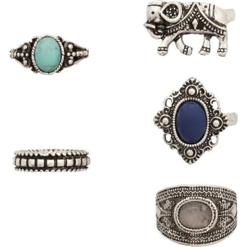 5PCS Bohemia Vintage Elephant Flower Rings Set Women Ethnic Antique Silver Plated Gem Stone Rings Women Fashion Jewelry