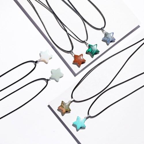 ASHMITA Natural Healing Crystal Stone Star Pendant Necklace for Womens Mens Solar Quartz Pendants Jewelry 18Inch Leather