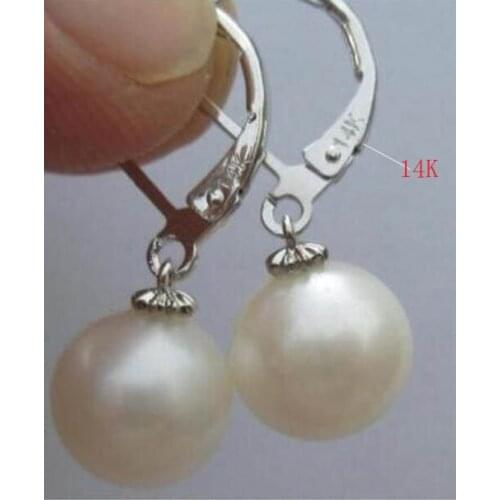 Free Shippng AAA 10-11mm round white south sea pear earring 14k white gold