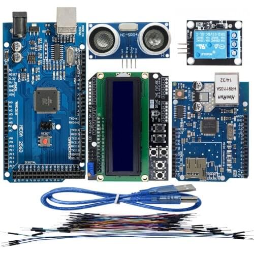 Free Shipping Mega 2560 r3 for arduino kit + HC-SR04 +breadboard cable + relay module+ W5100 UNO shield + LCD 1602 Keypad shield