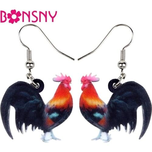 Bonsny Acrylic Colorful Chicken Rooster Earrings Big Long Dangle Drop Fashion Fowl Farm Animal Jewelry For Women Girls Teen Gift