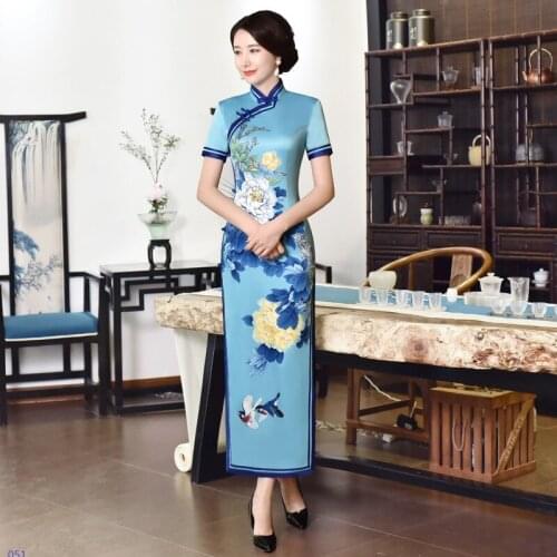 Plus Size 4XL Women Elegant Chinese Flower Prined Broadside Cheongsam Long Satin Short Sleeve Orientale Banquet Qipao