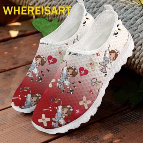 WHEREISART Casual Summer Ladies Slip On Sneakers Lovely Cartoon Nurse Pattern Flats Shoes Red and White Gradient Women Footwear