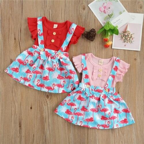 2Pcs Toddler Summer Outfits Solid Color Short Sleeves Romper + Flamingo Print Suspenders Skirt for Baby Girls, 0-24 Months